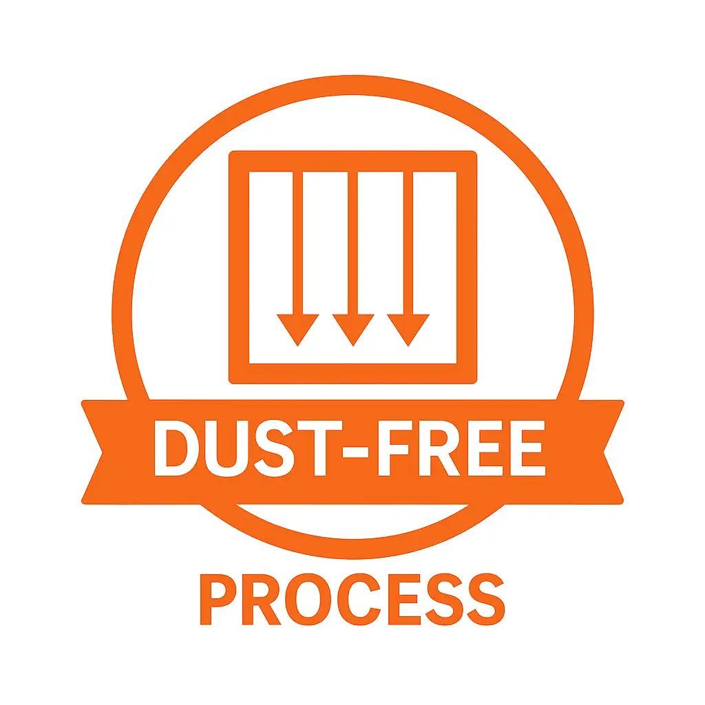 Orange Dust-Free Process badge icon with a filter and downward arrows, transparent background