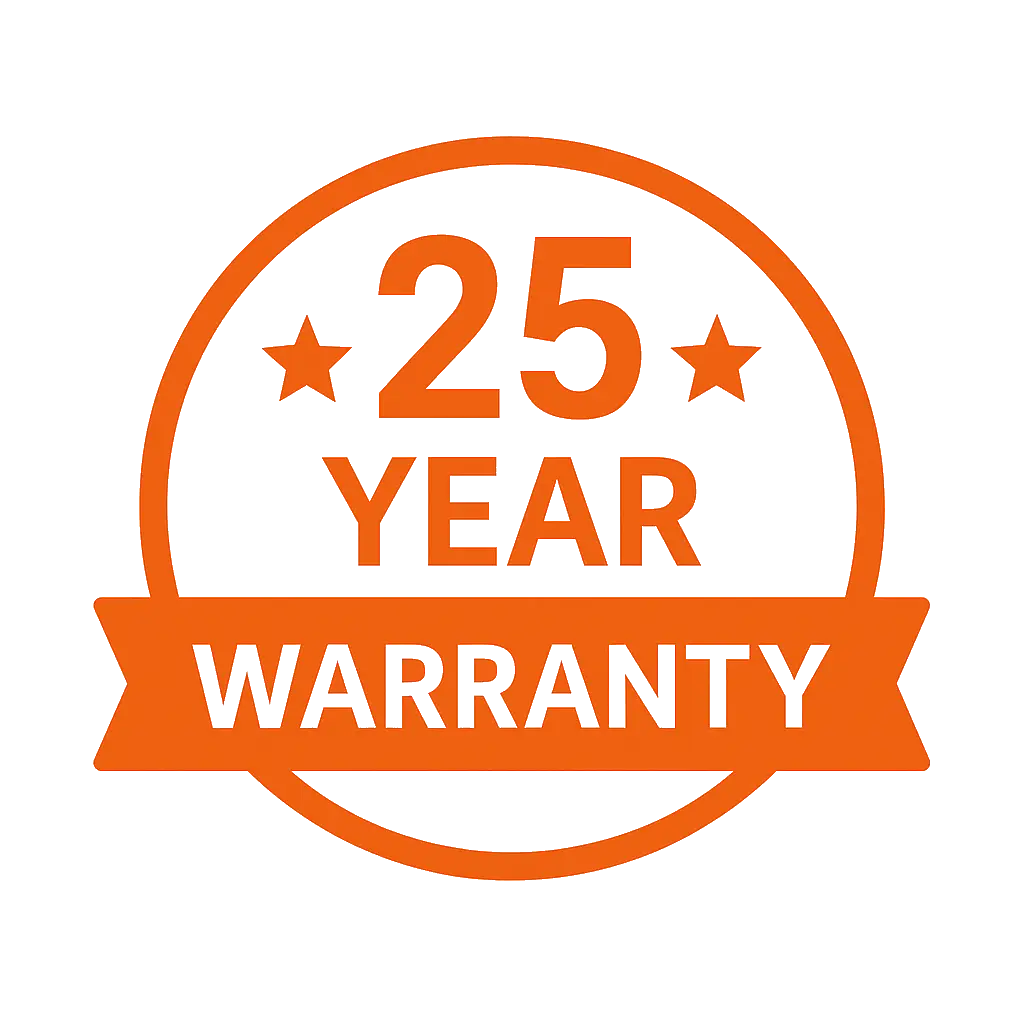 Orange 25-Year Warranty badge icon with stars, transparent background