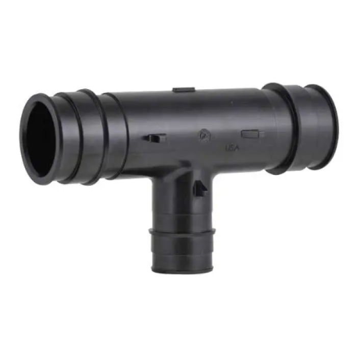 High-resolution image of a black Uponor PEX tee fitting for residential plumbing systems.